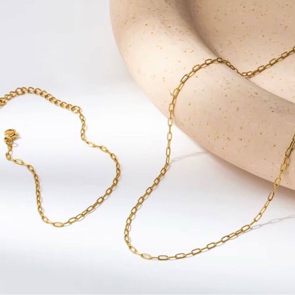 SET of 2! Dainty Gold Necklace & Bracelet Waterproof Gold paperclip chain